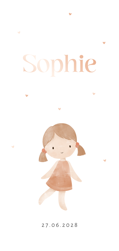Getekend geboortekaartje meisje met hartjes en foliedruk