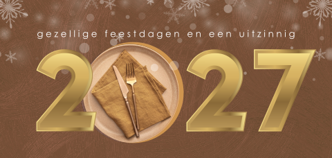 Zakelijke kerstkaart horeca met jaartal 2027 en foto bestek