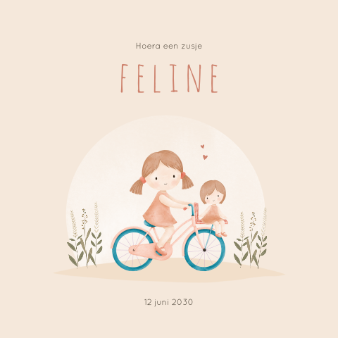 Geboortekaartje meisje met grote zus op de fiets