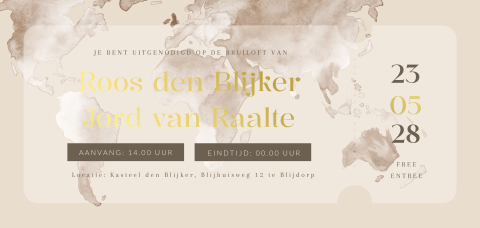 Wereldkaart ticketvorm trouwkaart met foliedruk