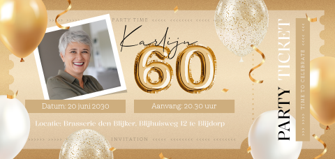 Verjaardag uitnodiging 60 jaar ticketuitnodiging met foto en ballonnen