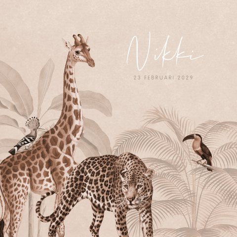 Vintage geboortekaartje voor een meisje met jungledieren