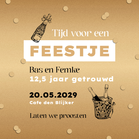 12,5 jaar getrouwd uitnodiging in goudlook met champagne en confetti