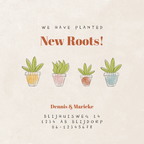 New Roots verhuiskaart met ronde hoeken en aquarel kamerplanten