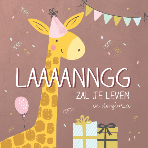 Feestelijke verjaardagskaart kind met giraffe, slingers en ballonnen