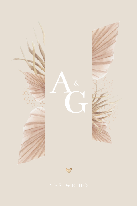 Hippe trouwkaart met droogbloemen en trendy kleuren