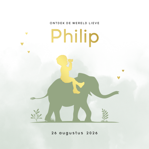 Geboortekaartje silhouet jongen op olifant met aquarel en foliedruk