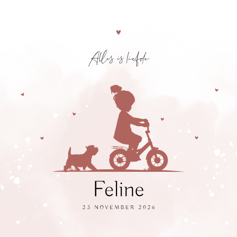 Lief silhouet geboortekaartje meisje op fiets met hondje en aquarel