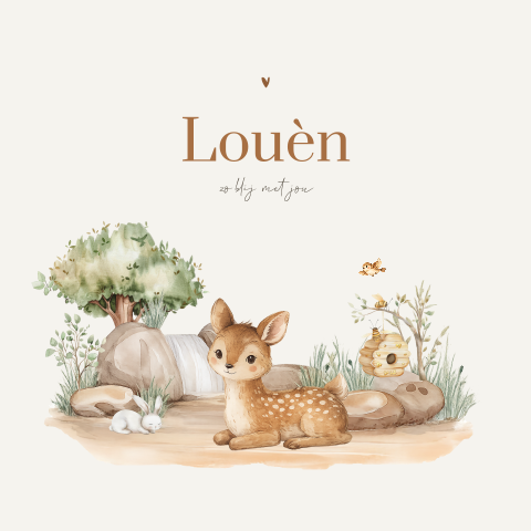 Unisex geboortekaartje met lief hertje in landschap