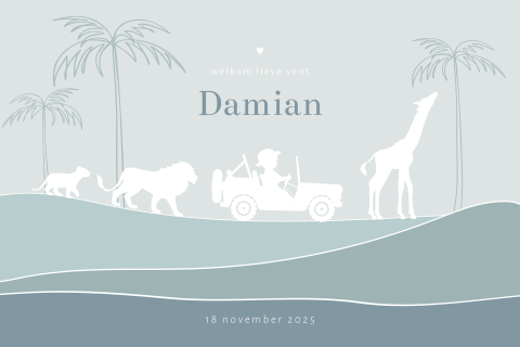 Jungle silhouet jongenskaartje met safari jeep en ronde hoeken