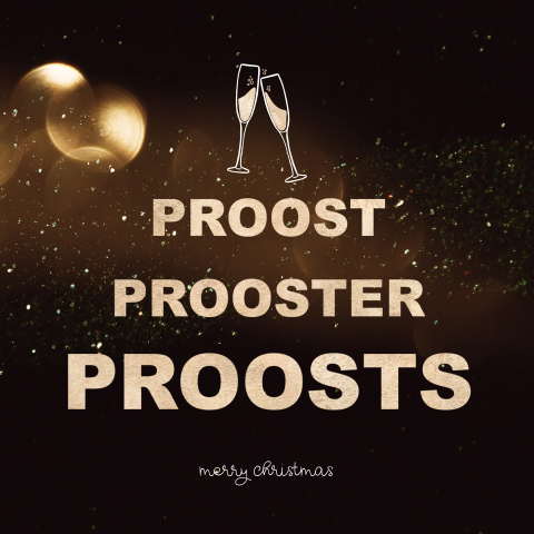 Sprankelende kerstkaart met goud en proostende glazen