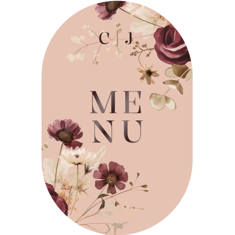 Menukaart huwelijk in ovale vorm met bloemen en hoogglans