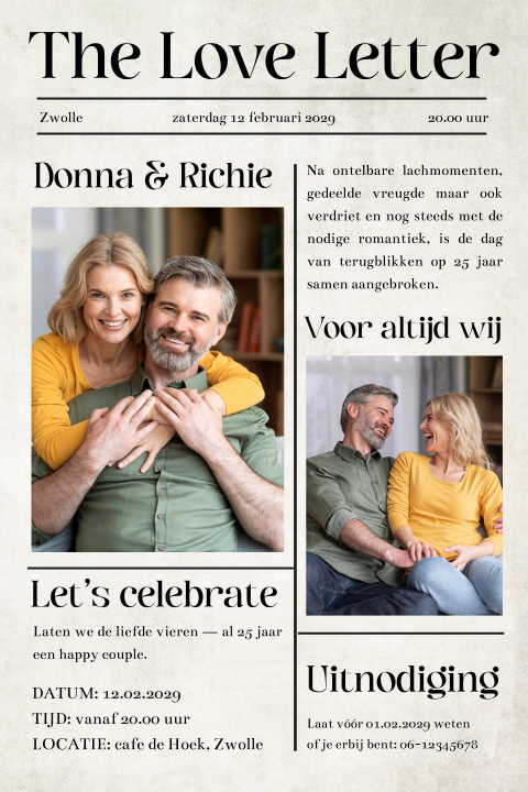Jubileum uitnodiging 25 jaar getrouwd The Love Letter krant met foto