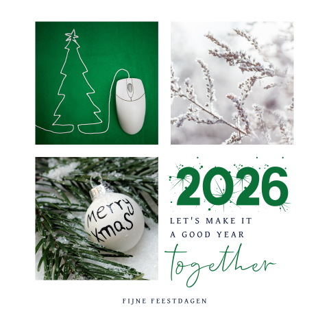 Kerstkaart met foto's en jaartal 2026