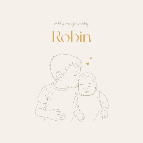 Unisex geboortekaartje met lijntekening grote broer met baby