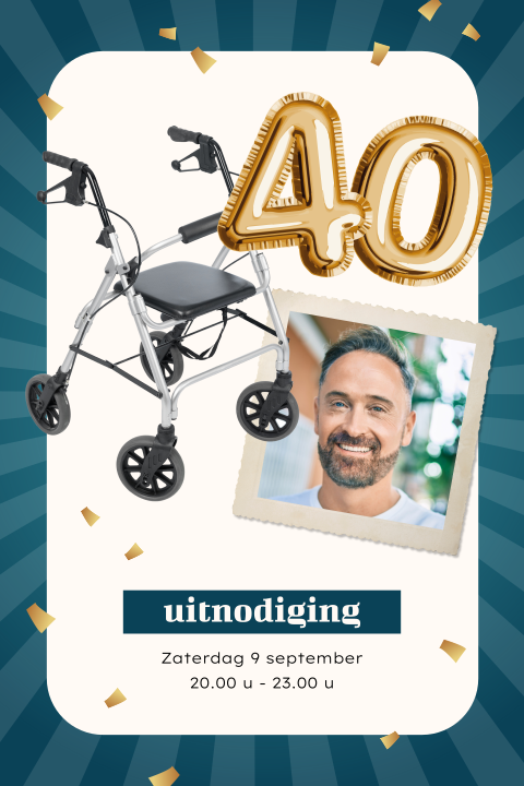 Grappige verjaardagsuitnodiging man 40 jaar met rollator en foto