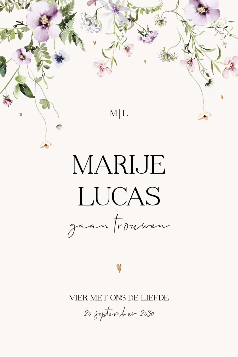 Trouwkaart met romantische bloemen en hartjes