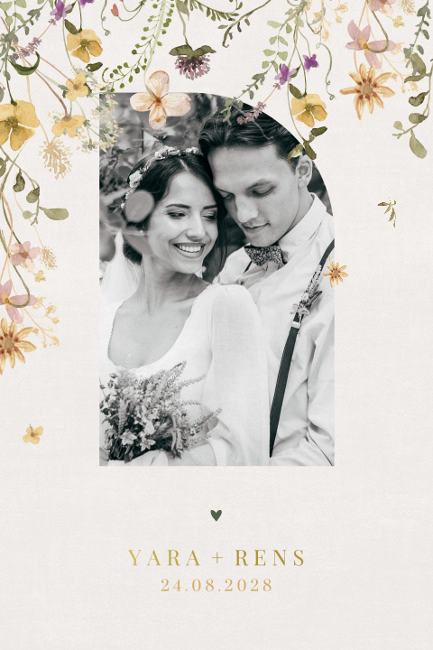 Luxe bedankkaart trouwen met foto en kleurrijke veldbloemen