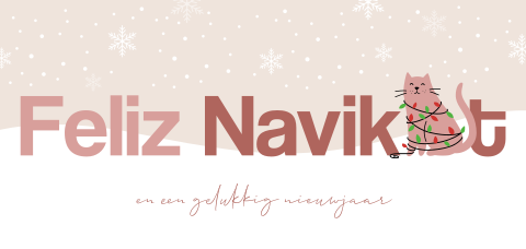 Feliz Navikat kerstkaart met kat, sneeuw en kerstverlichting