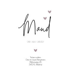 Lief geboortekaartje meisje met aquarel en hartjes