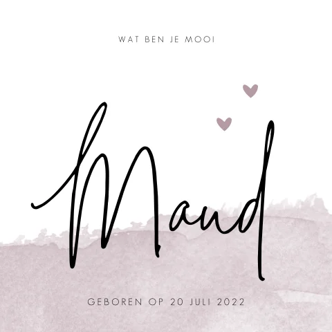 Lief geboortekaartje meisje met aquarel en hartjes