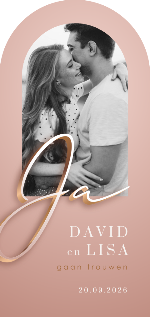 Aparte vorm trouwkaart met eigen foto en tekst Ja