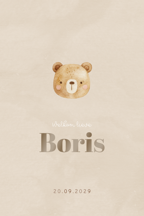 Rustig geboortekaartje met beer voor een jongen met hoogglans