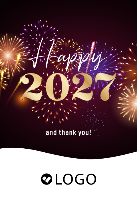 Bedankt kerstkaart zakelijk met vuurwerk, logo en jaartal 2027