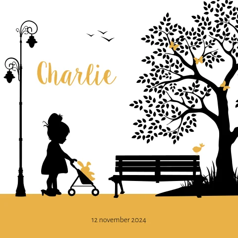 geboortekaartje meisje silhouet bankje boom lantaarn vlindertje