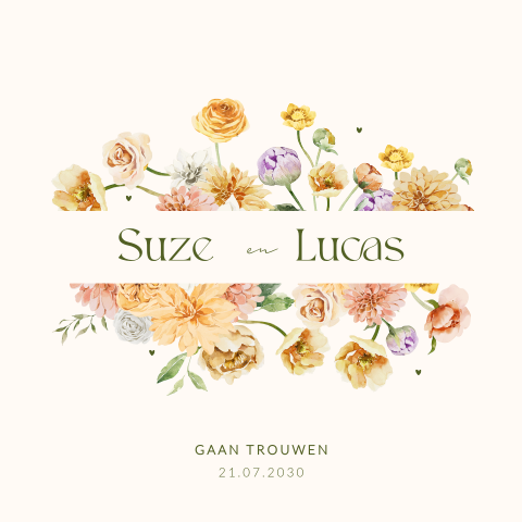 Romantische trouwkaart met bloemen en hartjes