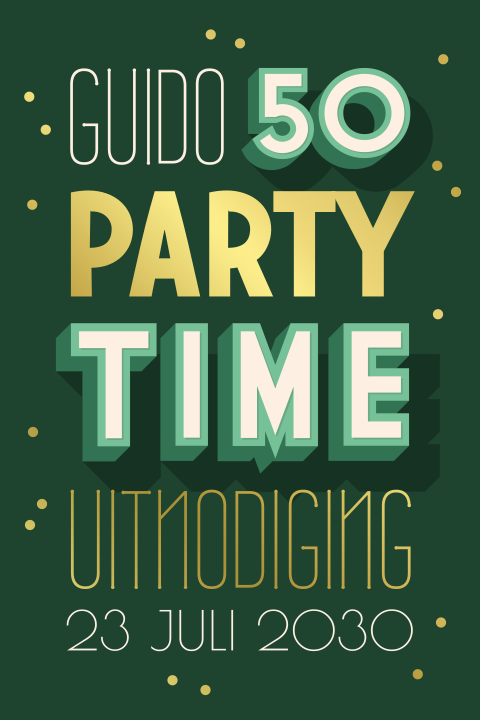 Typografische uitnodiging 50 jaar met goudfolie en confetti