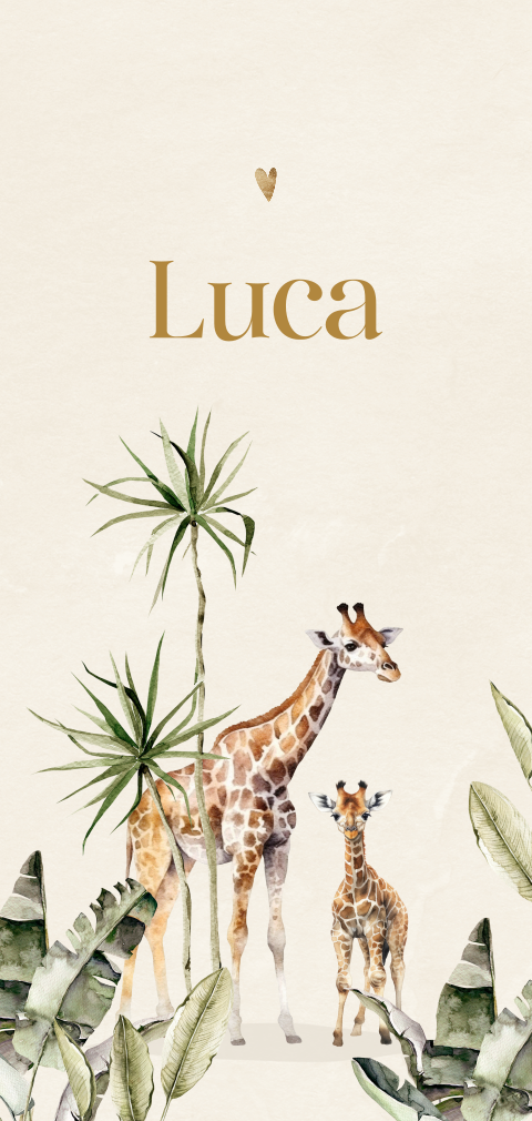 Jungle geboortekaartje unisex met 2 giraffen en hartje