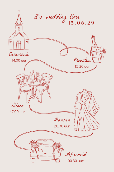 Trouwkaart met lijntekening met illustraties van tijdlijn trouwdag