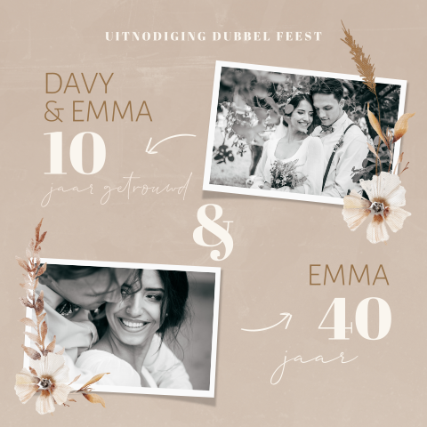Dubbel feest uitnodiging met ronde hoeken en eigen foto en bloemen