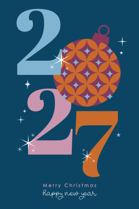 Kleurrijke zakelijke kerstkaart goede doel met jaartal en kerstbal