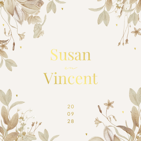 Vintage trouwkaart met bloemen en gouden hartjes