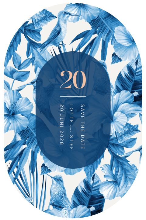 Save the date kaart Delfts blauw met kolibries