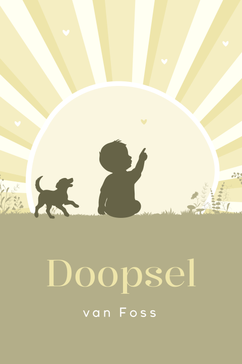 Uitnodiging doopsel silhouet jongen en hond met zonnestralen