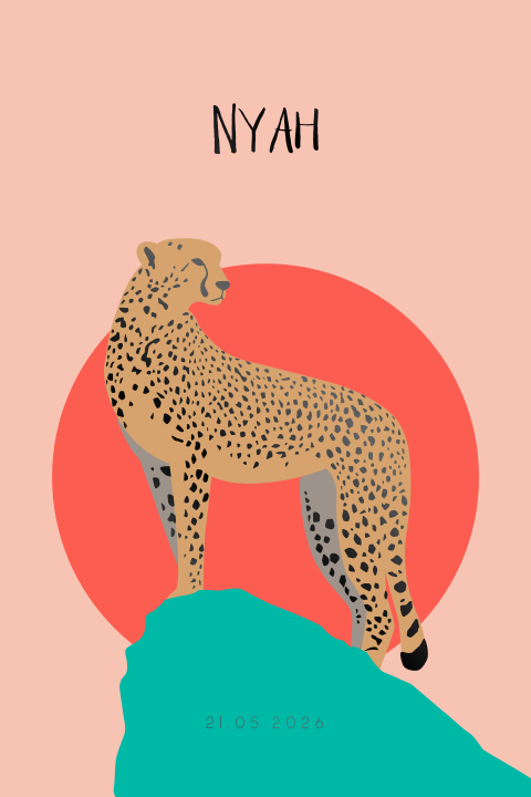 Unisex geboortekaartje met cheetah op een rots voor ondergaande zon