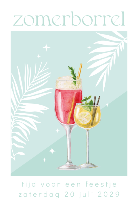 Zomerborrel uitnodiging met cocktails en bladeren