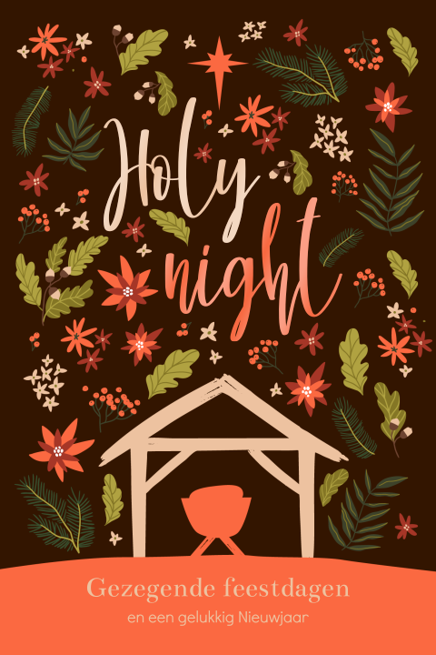 Christelijke kerstkaart met kersttakken en kerststal met kribbe
