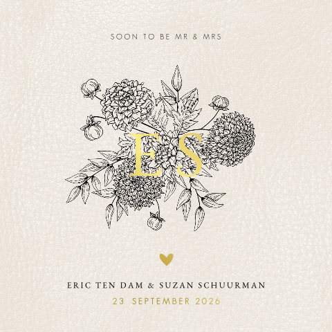 Romantische trouwkaart met goudfolie en getekende bloemen