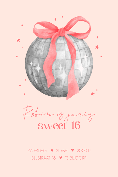 Verjaardag sweet 16 uitnodiging met discobal en strik