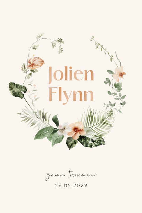Trouwkaart met hoogglans en bloemenkader als krans