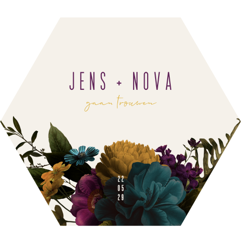 Huwelijksuitnodiging in zeshoek vorm met handgeschilderde bloemen