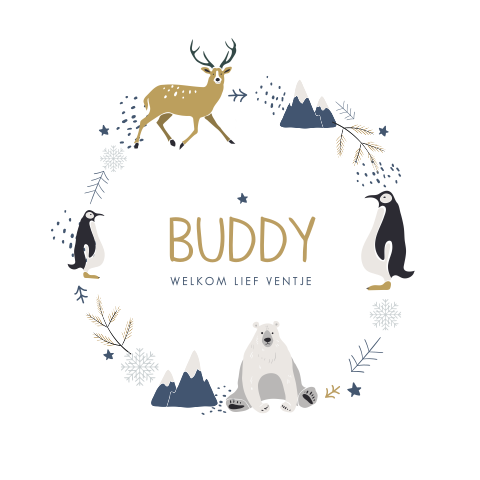Winter jongenskaartje met ijsbeer, rendier en pinguïn