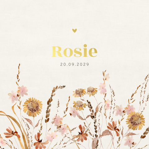 Uniek romantisch bloemen geboortekaartje voor een meisje met goudfolie