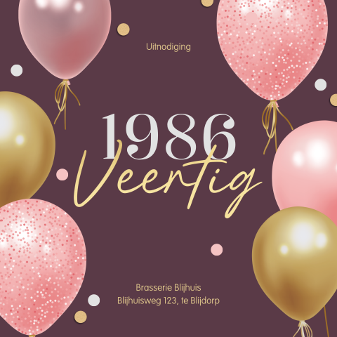 Verjaardagsuitnodiging veertig met jaartal en ballonnen en confetti