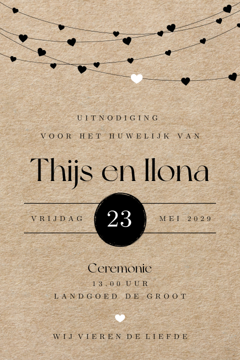 Typografische trouwkaart met handlettering en hartjes slinger