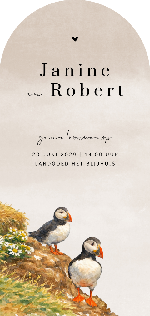 Boogvorm trouwkaart met papegaaiduikers